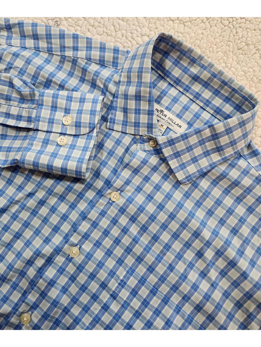 Peter Millar Summer Comfort Long Sleeve Button up Shirt Mens Medium Blue Gingham